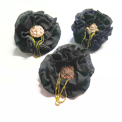 Black Chiffon Flower Brooch & Hair Clip | 5" Handcrafted Fabric Flower Pin with Rose Gold Filigree & Cascading Rhinestone Tassel Chain