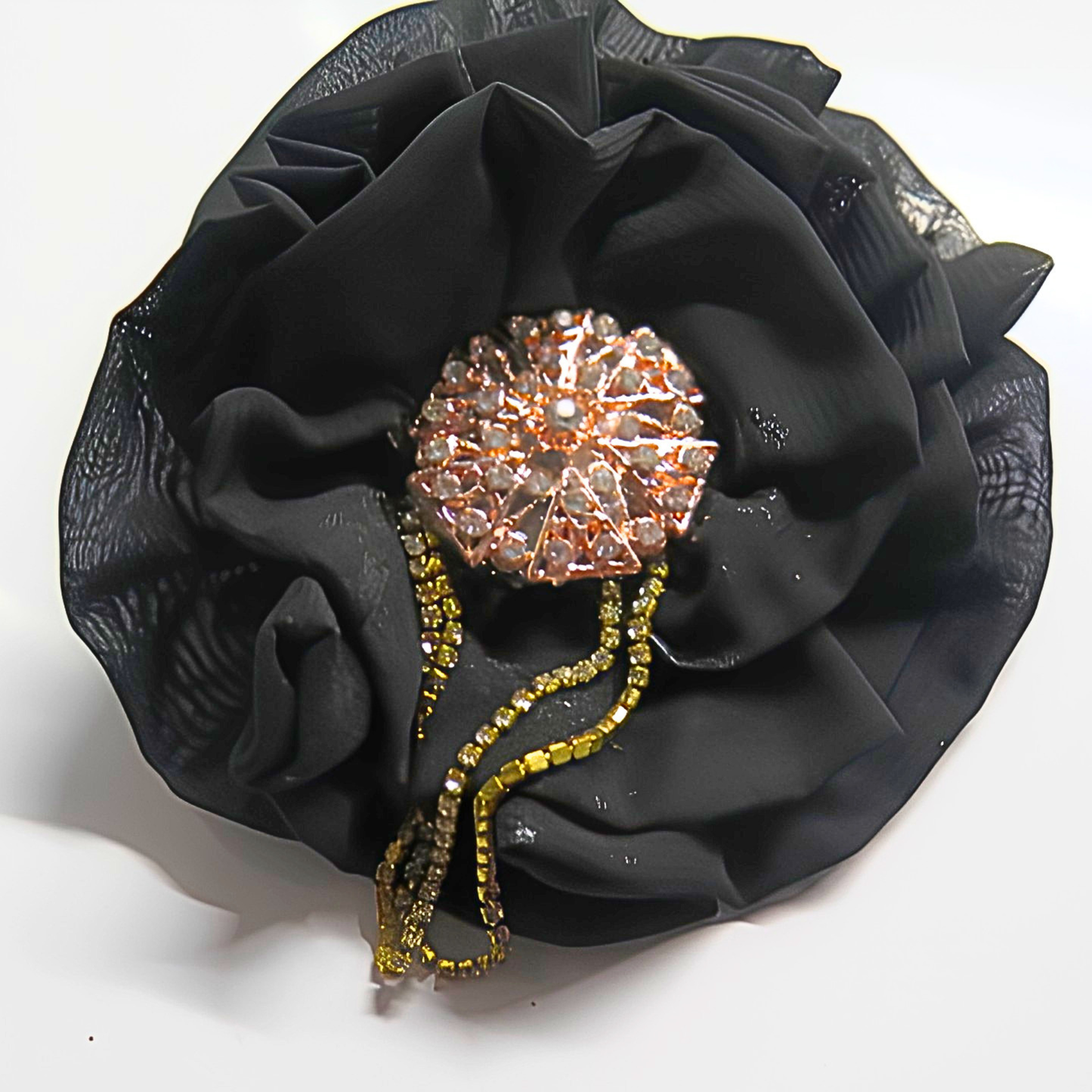 Black Chiffon Flower Brooch & Hair Clip | 5" Handcrafted Fabric Flower Pin with Rose Gold Filigree & Cascading Rhinestone Tassel Chain