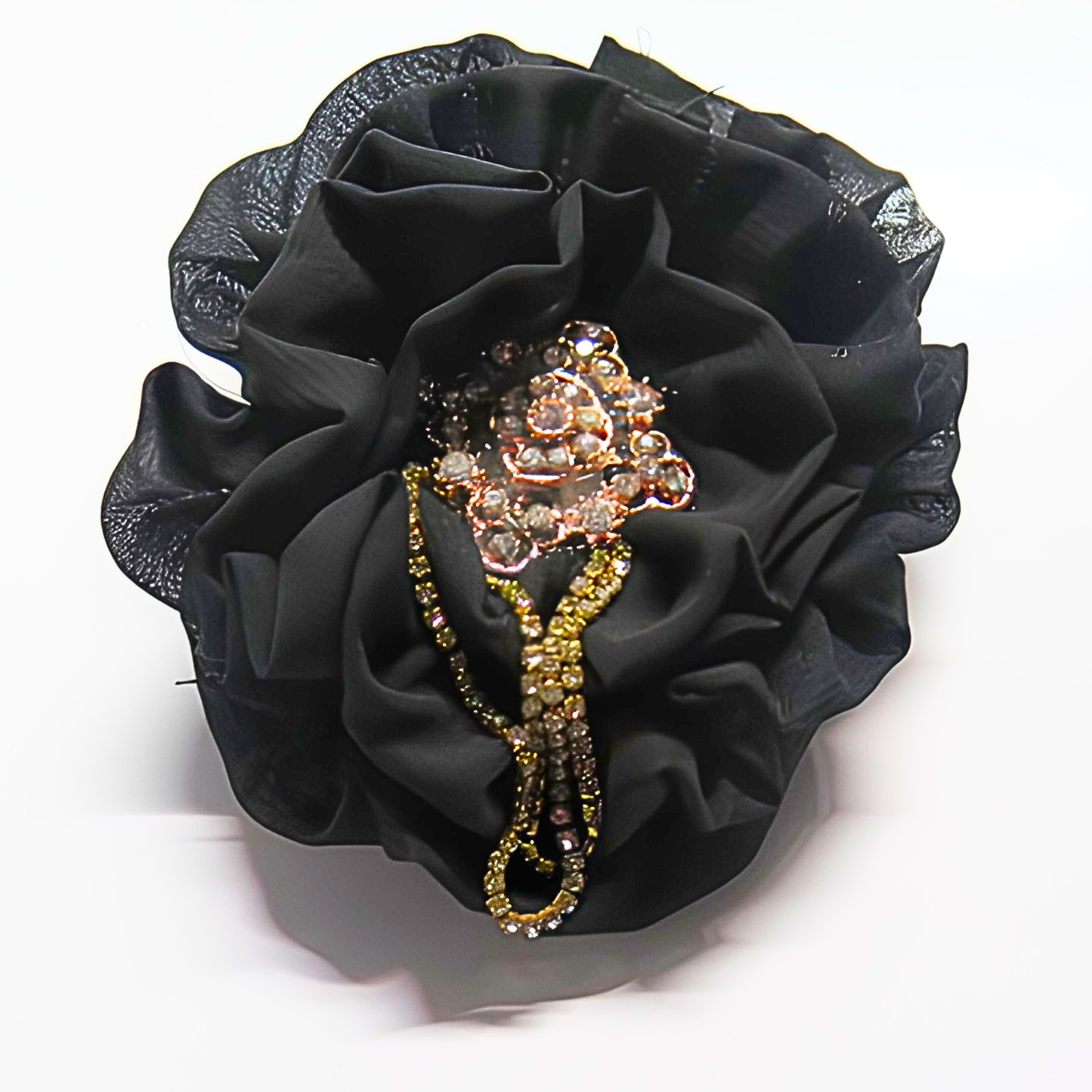 Black Chiffon Flower Brooch & Hair Clip | 5" Handcrafted Fabric Flower Pin with Rose Gold Filigree & Cascading Rhinestone Tassel Chain