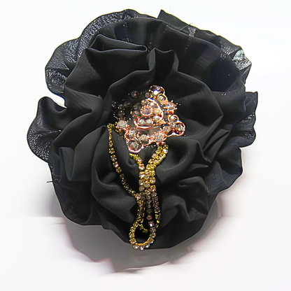 Black Chiffon Flower Brooch & Hair Clip | 5" Handcrafted Fabric Flower Pin with Rose Gold Filigree & Cascading Rhinestone Tassel Chain
