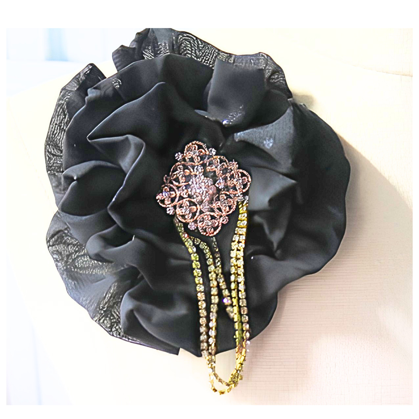 Black Chiffon Flower Brooch & Hair Clip | 5" Handcrafted Fabric Flower Pin with Rose Gold Filigree & Cascading Rhinestone Tassel Chain