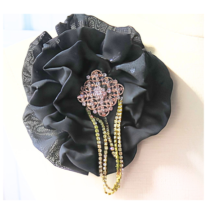 Black Chiffon Flower Brooch & Hair Clip | 5" Handcrafted Fabric Flower Pin with Rose Gold Filigree & Cascading Rhinestone Tassel Chain