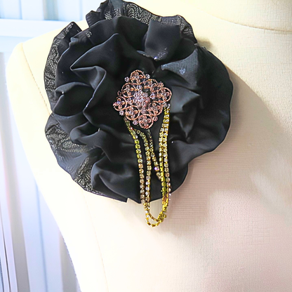 Black Chiffon Flower Brooch & Hair Clip | 5" Handcrafted Fabric Flower Pin with Rose Gold Filigree & Cascading Rhinestone Tassel Chain