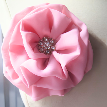 Coral Pink Chiffon Flower Brooch & Hair Clip | 5" Handcrafted Fabric Flower Pin with Rose Gold Rhinestone Center for Women, Church & Special Events