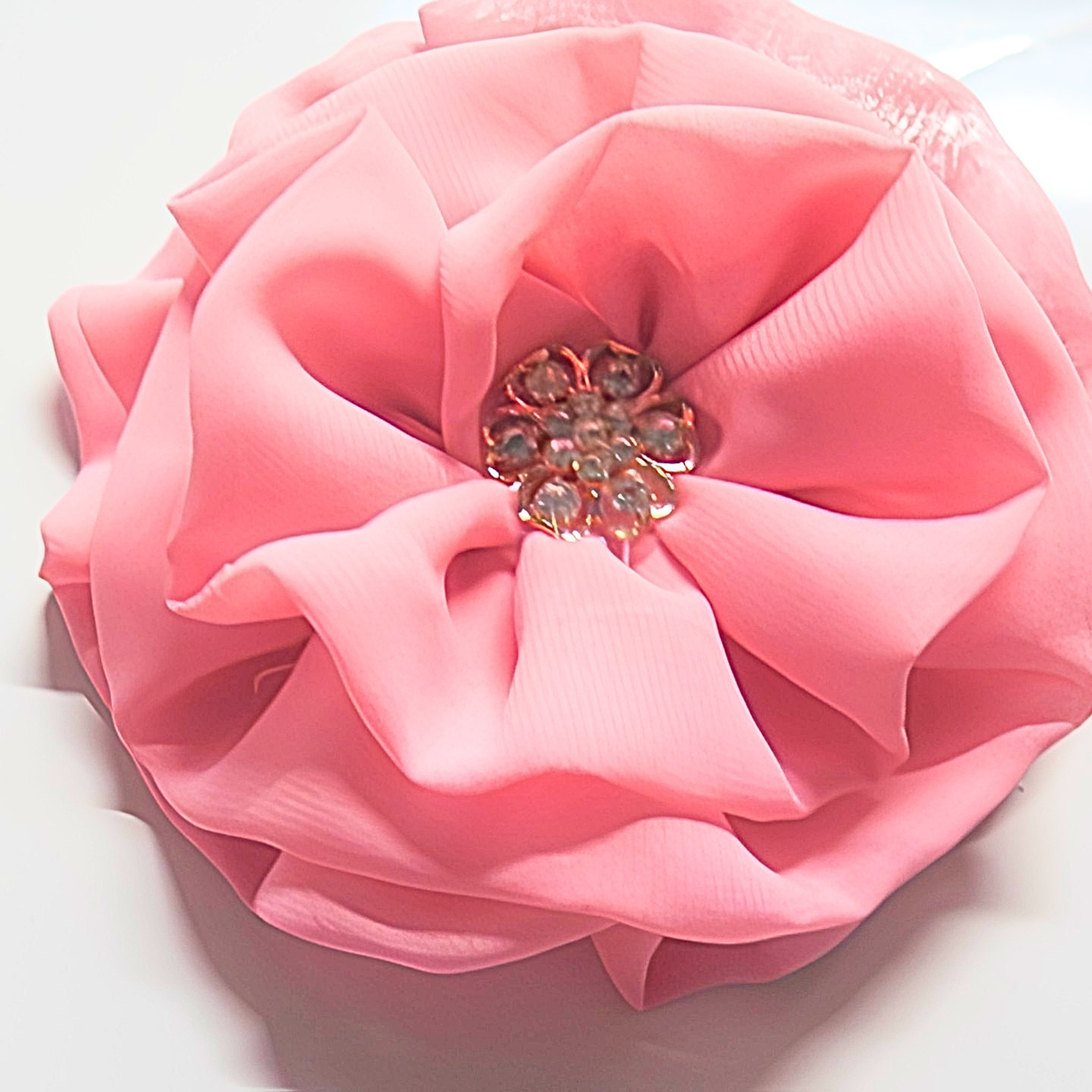 Coral Pink Chiffon Flower Brooch & Hair Clip | 5" Handcrafted Fabric Flower Pin with Rose Gold Rhinestone Center for Women, Church & Special Events