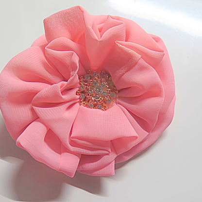 Coral Pink Chiffon Flower Brooch & Hair Clip | 5" Handcrafted Fabric Flower Pin with Rose Gold Rhinestone Center for Women, Church & Special Events