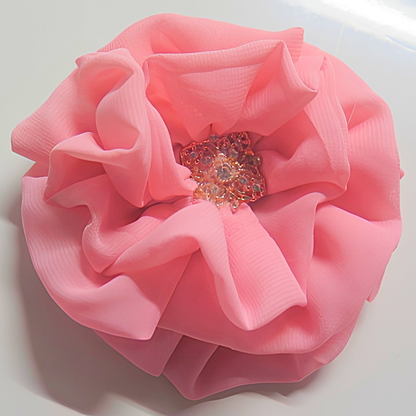 Coral Pink Chiffon Flower Brooch & Hair Clip | 5" Handcrafted Fabric Flower Pin with Rose Gold Rhinestone Center for Women, Church & Special Events