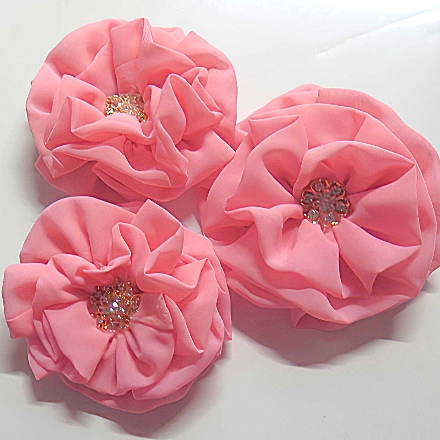 Coral Pink Chiffon Flower Brooch & Hair Clip | 5" Handcrafted Fabric Flower Pin with Rose Gold Rhinestone Center for Women, Church & Special Events