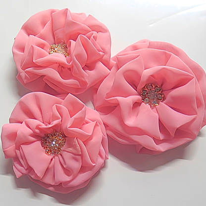 Coral Pink Chiffon Flower Brooch & Hair Clip | 5" Handcrafted Fabric Flower Pin with Rose Gold Rhinestone Center for Women, Church & Special Events