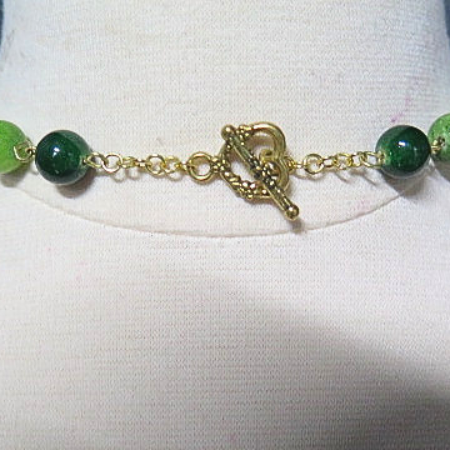 Emerald Green Mixed Bead Long Statement Necklace | 37" Gold Wire Necklace with Hand-Painted Disc Beads & Gold Toggle Clasp for Women