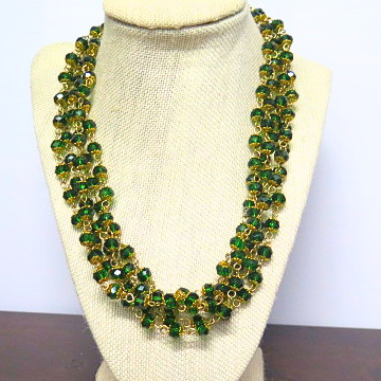 Emerald Green Crystal Jewelry Set | 3-Strand Necklace 19.5" & Bracelet 8.5" Handcrafted Gold Wire 6mm Faceted Bead Set with Toggle Clasp