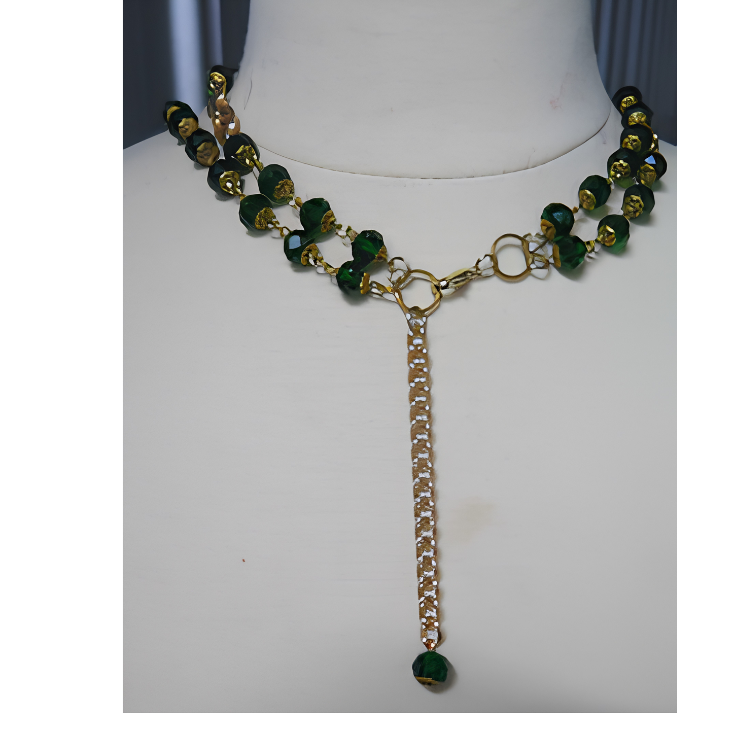 Emerald Green Double Strand Lariat Necklace | 19.5" & 28" Handcrafted Gold Chain Crystal Bead Set with Rhinestone Teardrop Pendant & Chain Drop