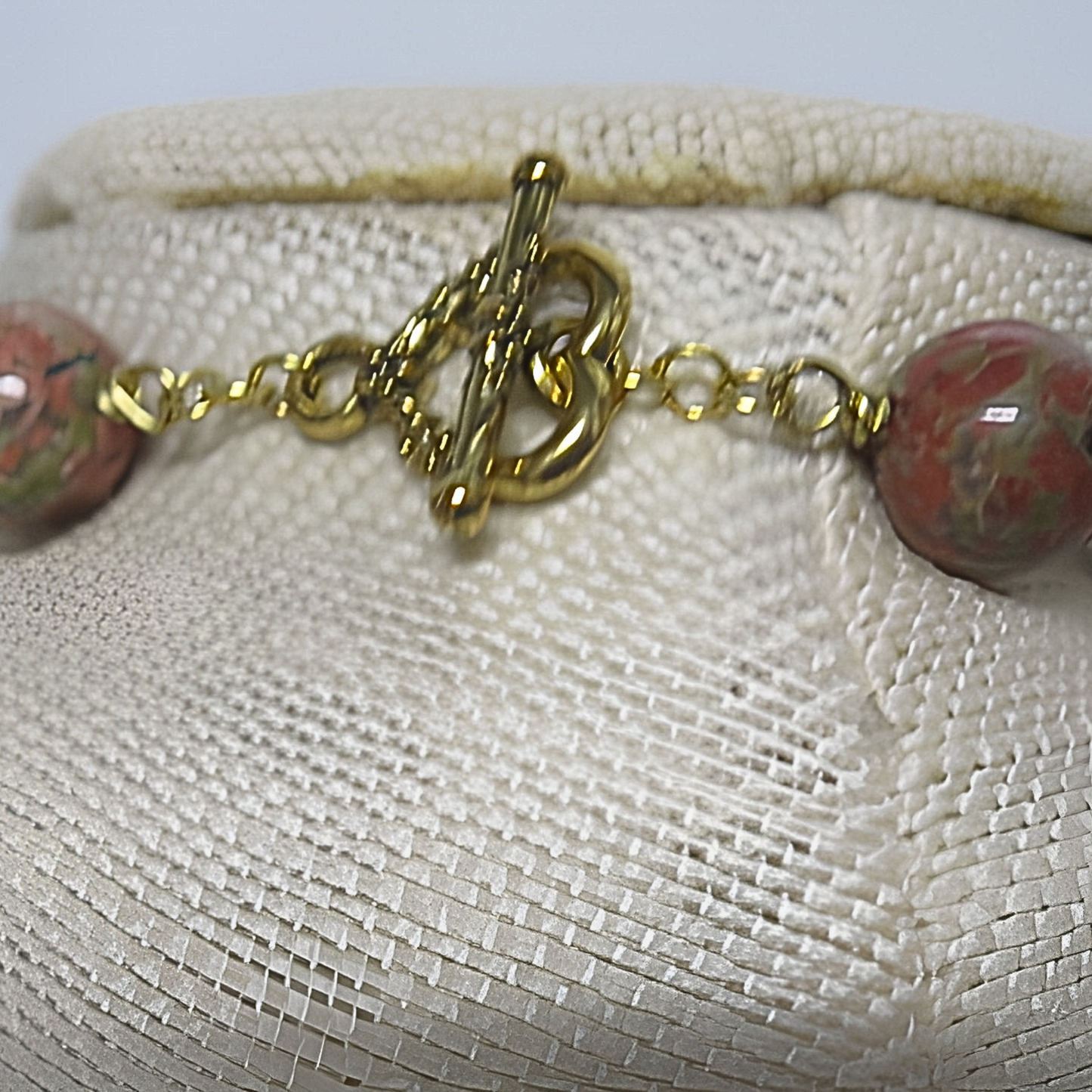 Unakite Stone Fan Bib Necklace | 19" Handcrafted Gold Wire Natural Stone Teardrop Collar Necklace with Toggle Clasp for Women