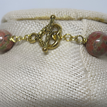 Unakite Stone Fan Bib Necklace | 19" Handcrafted Gold Wire Natural Stone Teardrop Collar Necklace with Toggle Clasp for Women