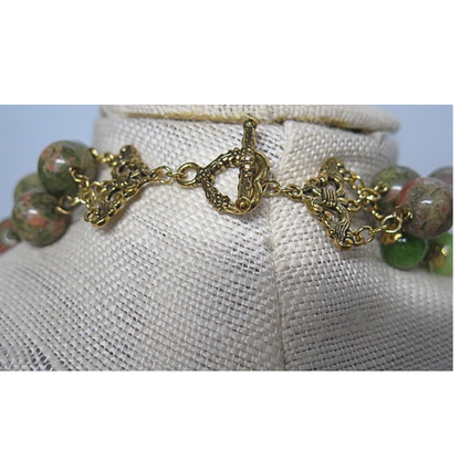 Unakite & Mixed Green Triple Strand Stone Necklace | 21" Handcrafted Gold Wire 3-Layer Natural Bead Collar Necklace with Ornate Toggle Clasp
