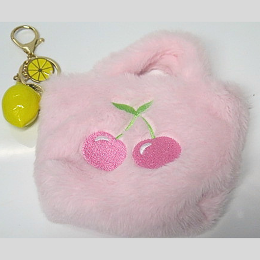 Pink Fluffy Mini Bag Charm with Lemon Rhinestone Keychain, Cherry Embroidered Faux Fur Purse Accessory, Cute Y2K Handbag Charm, Coquette Bag Clip Gift for Her