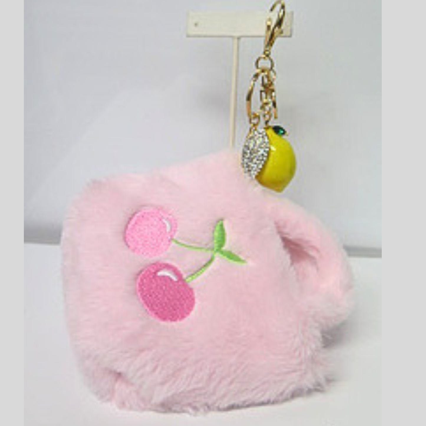Pink Fluffy Mini Bag Charm with Lemon Rhinestone Keychain, Cherry Embroidered Faux Fur Purse Accessory, Cute Y2K Handbag Charm, Coquette Bag Clip Gift for Her