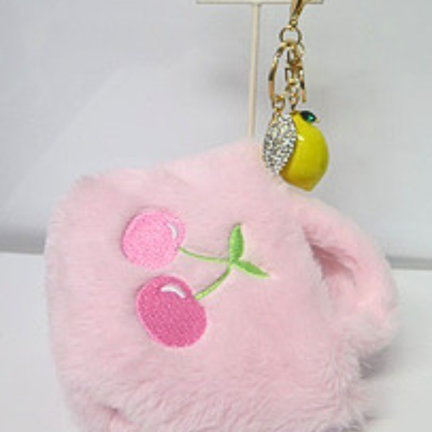Pink Fluffy Mini Bag Charm with Lemon Rhinestone Keychain, Cherry Embroidered Faux Fur Purse Accessory, Cute Y2K Handbag Charm, Coquette Bag Clip Gift for Her