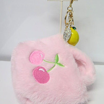 Pink Fluffy Mini Bag Charm with Lemon Rhinestone Keychain, Cherry Embroidered Faux Fur Purse Accessory, Cute Y2K Handbag Charm, Coquette Bag Clip Gift for Her