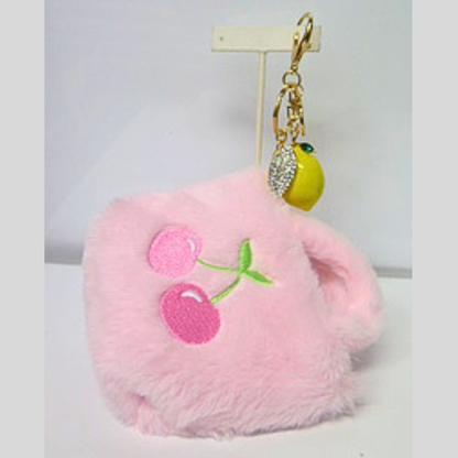 Pink Fluffy Mini Bag Charm with Lemon Rhinestone Keychain, Cherry Embroidered Faux Fur Purse Accessory, Cute Y2K Handbag Charm, Coquette Bag Clip Gift for Her