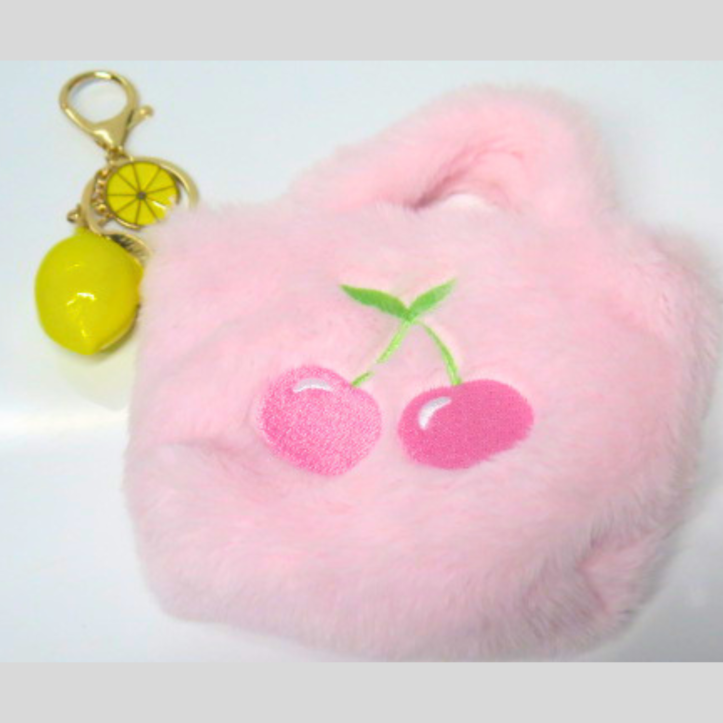 Pink Fluffy Mini Bag Charm with Lemon Rhinestone Keychain, Cherry Embroidered Faux Fur Purse Accessory, Cute Y2K Handbag Charm, Coquette Bag Clip Gift for Her