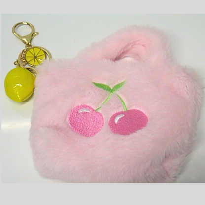 Pink Fluffy Mini Bag Charm with Lemon Rhinestone Keychain, Cherry Embroidered Faux Fur Purse Accessory, Cute Y2K Handbag Charm, Coquette Bag Clip Gift for Her