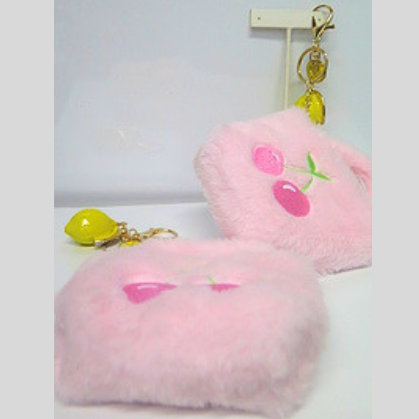 Pink Fluffy Mini Bag Charm with Lemon Rhinestone Keychain, Cherry Embroidered Faux Fur Purse Accessory, Cute Y2K Handbag Charm, Coquette Bag Clip Gift for Her