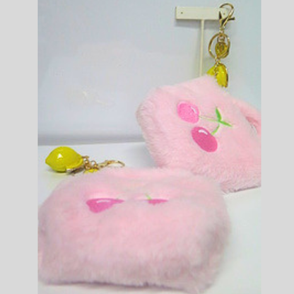Pink Fluffy Mini Bag Charm with Lemon Rhinestone Keychain, Cherry Embroidered Faux Fur Purse Accessory, Cute Y2K Handbag Charm, Coquette Bag Clip Gift for Her
