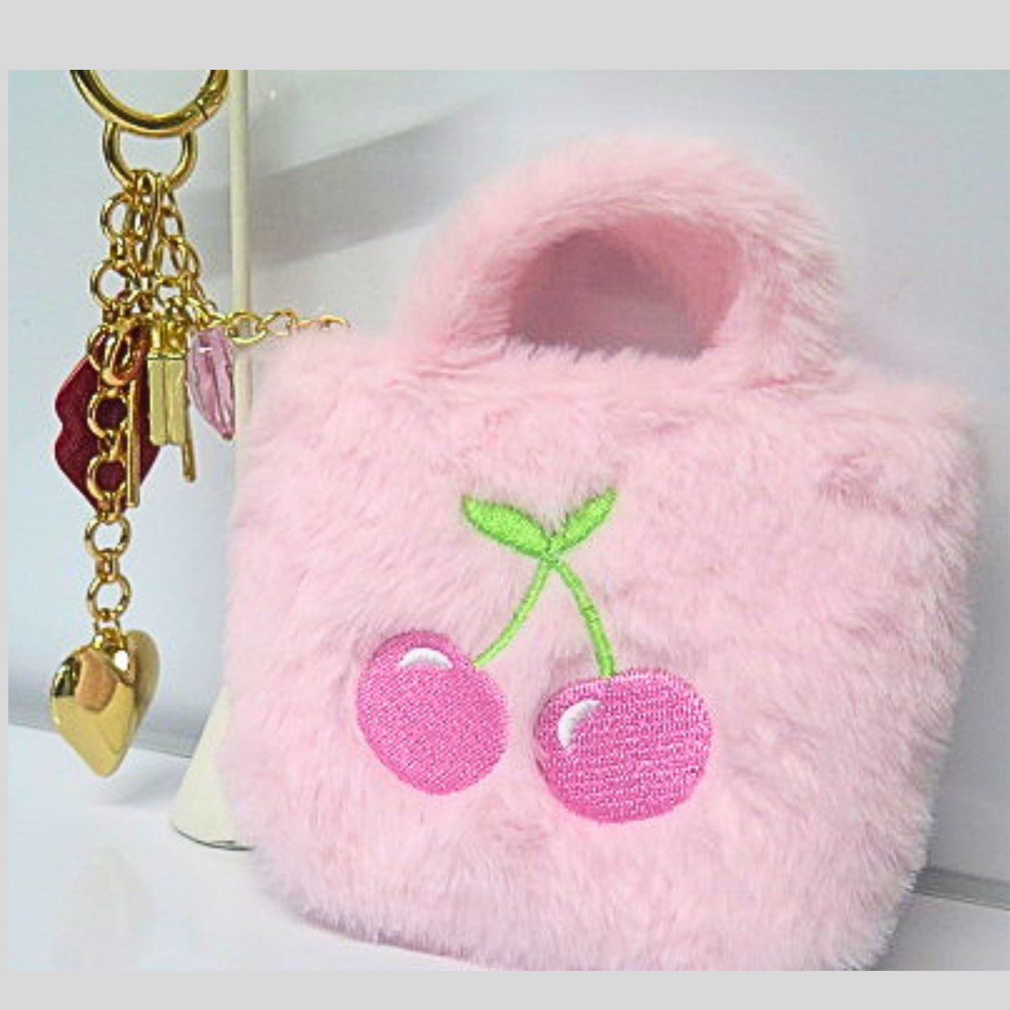 Pink Fluffy Mini Bag with Gold Heart & Red Lips Charm Keychain, Cherry Embroidered Faux Fur Purse Accessory, Glam Y2K Coquette Handbag Charm, Cute Bag Clip Gift for Her