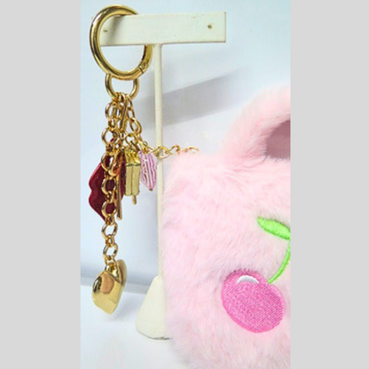 Pink Fluffy Mini Bag with Gold Heart & Red Lips Charm Keychain, Cherry Embroidered Faux Fur Purse Accessory, Glam Y2K Coquette Handbag Charm, Cute Bag Clip Gift for Her