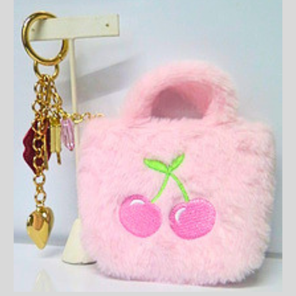 Pink Fluffy Mini Bag with Gold Heart & Red Lips Charm Keychain, Cherry Embroidered Faux Fur Purse Accessory, Glam Y2K Coquette Handbag Charm, Cute Bag Clip Gift for Her