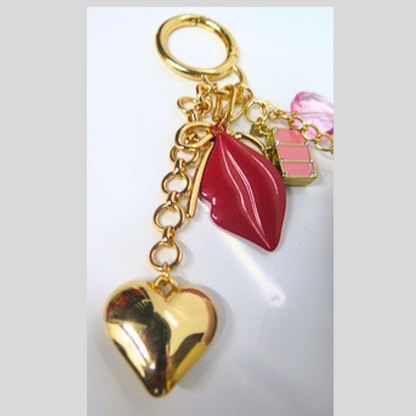 Pink Fluffy Mini Bag with Gold Heart & Red Lips Charm Keychain, Cherry Embroidered Faux Fur Purse Accessory, Glam Y2K Coquette Handbag Charm, Cute Bag Clip Gift for Her