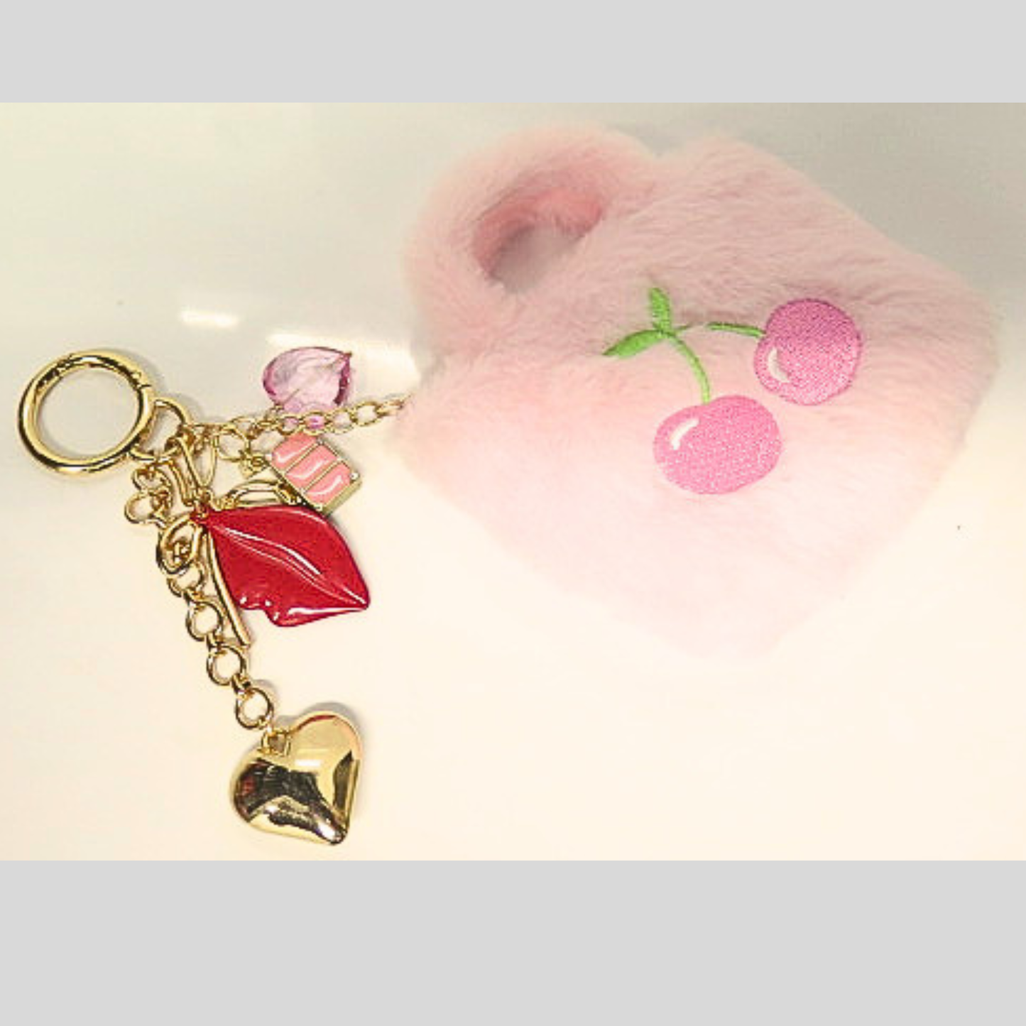 Pink Fluffy Mini Bag with Gold Heart & Red Lips Charm Keychain, Cherry Embroidered Faux Fur Purse Accessory, Glam Y2K Coquette Handbag Charm, Cute Bag Clip Gift for Her