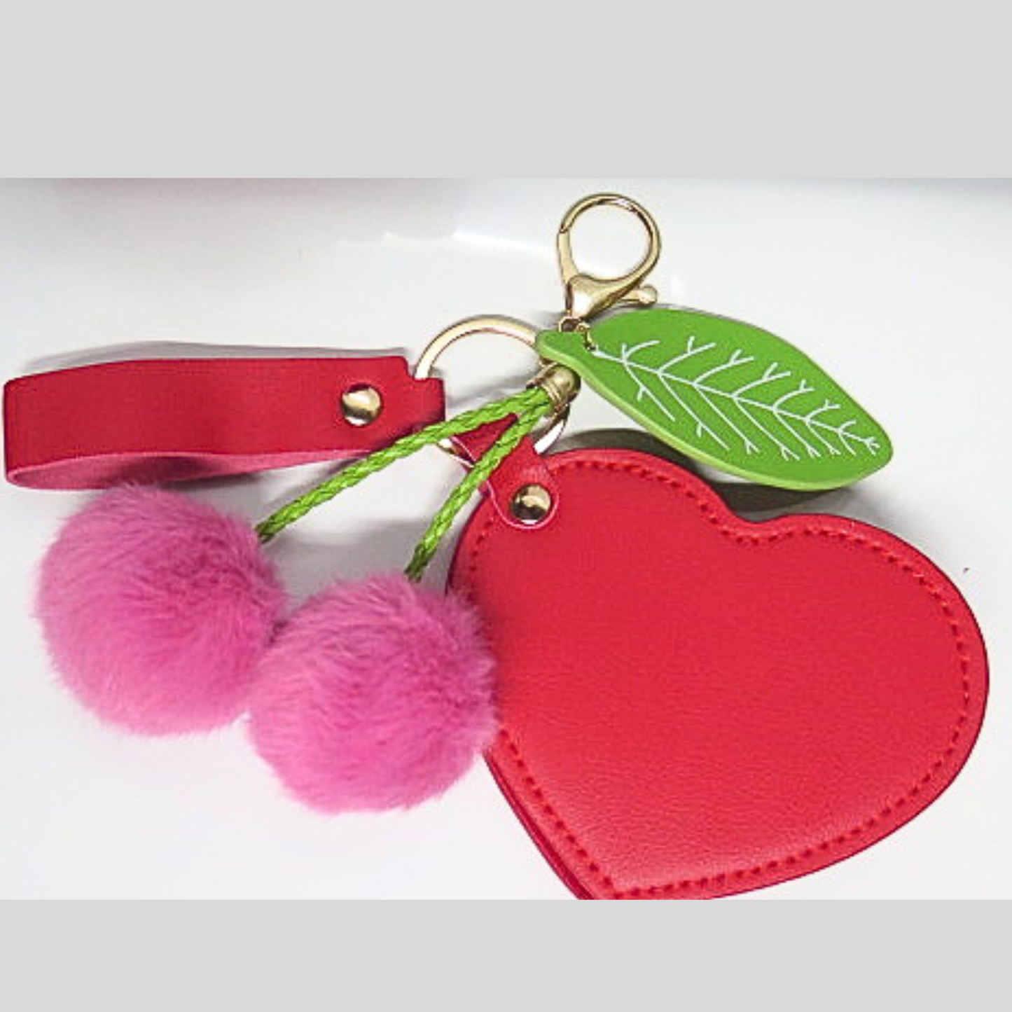 Red Heart Photo Locket Bag Charm with Pink Pom Pom Cherries, Personalized Picture Keychain, Memory Keepsake Purse Accessory, Romantic Gift for Her, Y2K Coquette Bag Clip