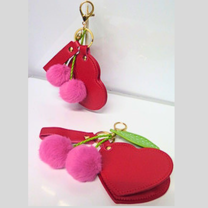 Red Heart Photo Locket Bag Charm with Pink Pom Pom Cherries, Personalized Picture Keychain, Memory Keepsake Purse Accessory, Romantic Gift for Her, Y2K Coquette Bag Clip