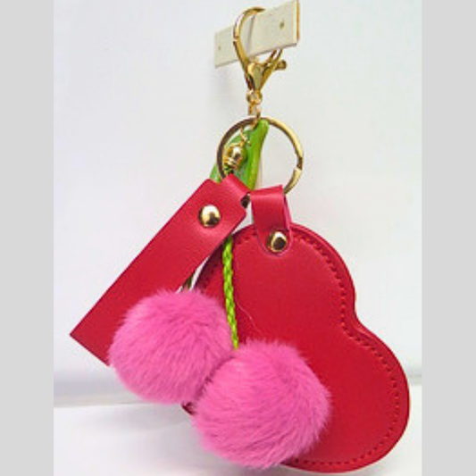 Red Heart Photo Locket Bag Charm with Pink Pom Pom Cherries, Personalized Picture Keychain, Memory Keepsake Purse Accessory, Romantic Gift for Her, Y2K Coquette Bag Clip