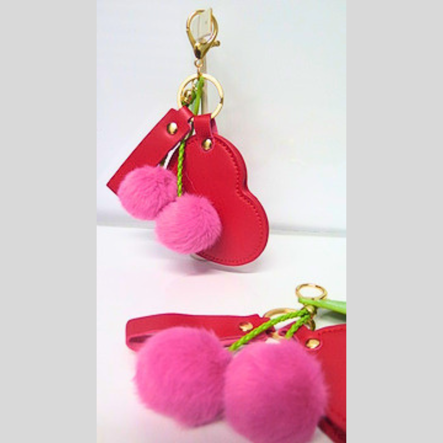 Red Heart Photo Locket Bag Charm with Pink Pom Pom Cherries, Personalized Picture Keychain, Memory Keepsake Purse Accessory, Romantic Gift for Her, Y2K Coquette Bag Clip