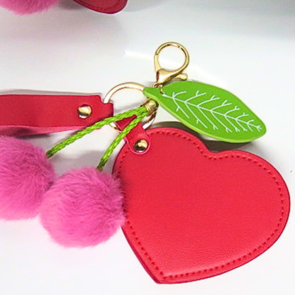Red Heart Photo Locket Bag Charm with Pink Pom Pom Cherries, Personalized Picture Keychain, Memory Keepsake Purse Accessory, Romantic Gift for Her, Y2K Coquette Bag Clip