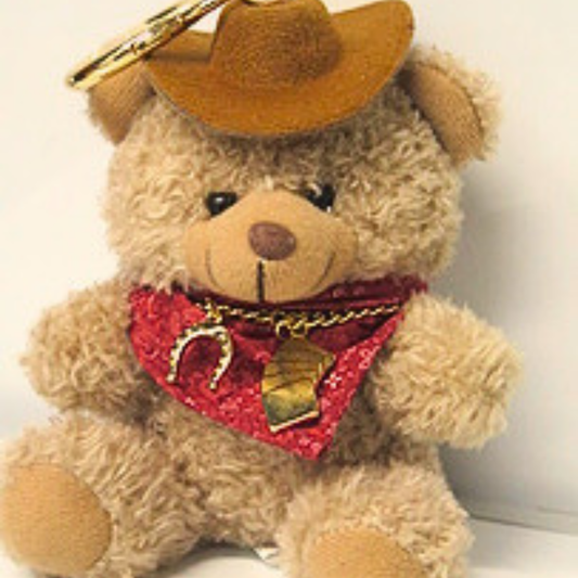 Cowboy Teddy Bear Bag Charm with Suede Hat & Red Glitter Bandana, Plush Western Keychain, Cute Cowgirl Purse Accessory, Country Aesthetic Bag Clip, Gift for Her