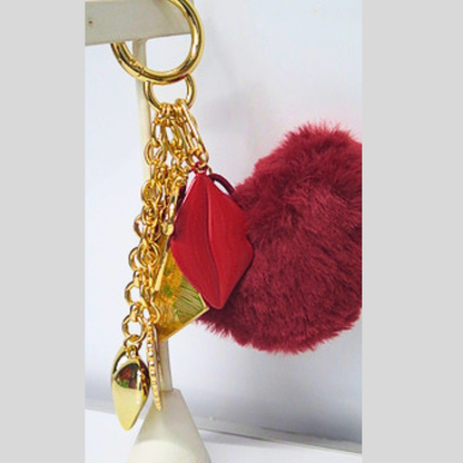Burgundy Fluffy Heart Bag Charm with Red Lips & Gold Heart Charms, Dark Romance Faux Fur Keychain, Glam Y2K Purse Accessory, Moody Coquette Bag Clip, Gift for Her