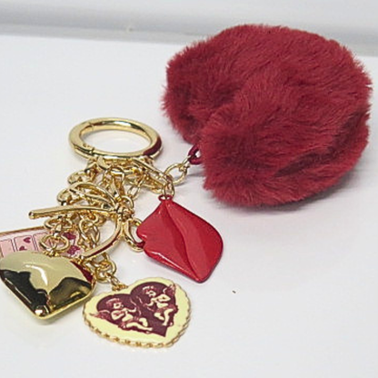 Burgundy Fluffy Heart Bag Charm with Red Lips & Gold Heart Charms, Dark Romance Faux Fur Keychain, Glam Y2K Purse Accessory, Moody Coquette Bag Clip, Gift for Her