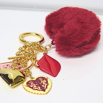 Burgundy Fluffy Heart Bag Charm with Red Lips & Gold Heart Charms, Dark Romance Faux Fur Keychain, Glam Y2K Purse Accessory, Moody Coquette Bag Clip, Gift for Her