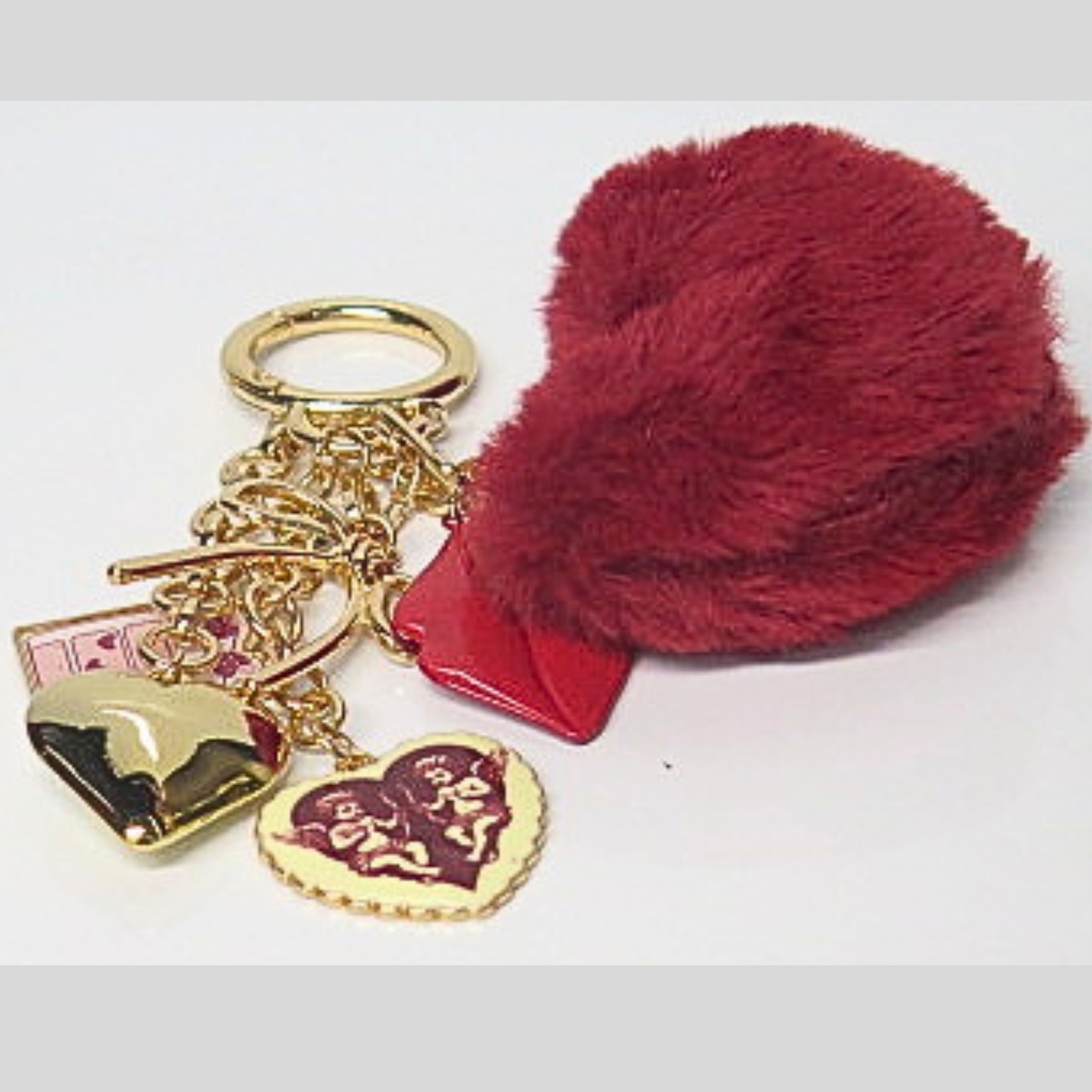 Burgundy Fluffy Heart Bag Charm with Red Lips & Gold Heart Charms, Dark Romance Faux Fur Keychain, Glam Y2K Purse Accessory, Moody Coquette Bag Clip, Gift for Her