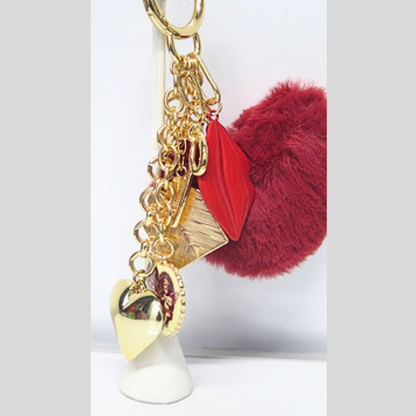 Burgundy Fluffy Heart Bag Charm with Red Lips & Gold Heart Charms, Dark Romance Faux Fur Keychain, Glam Y2K Purse Accessory, Moody Coquette Bag Clip, Gift for Her