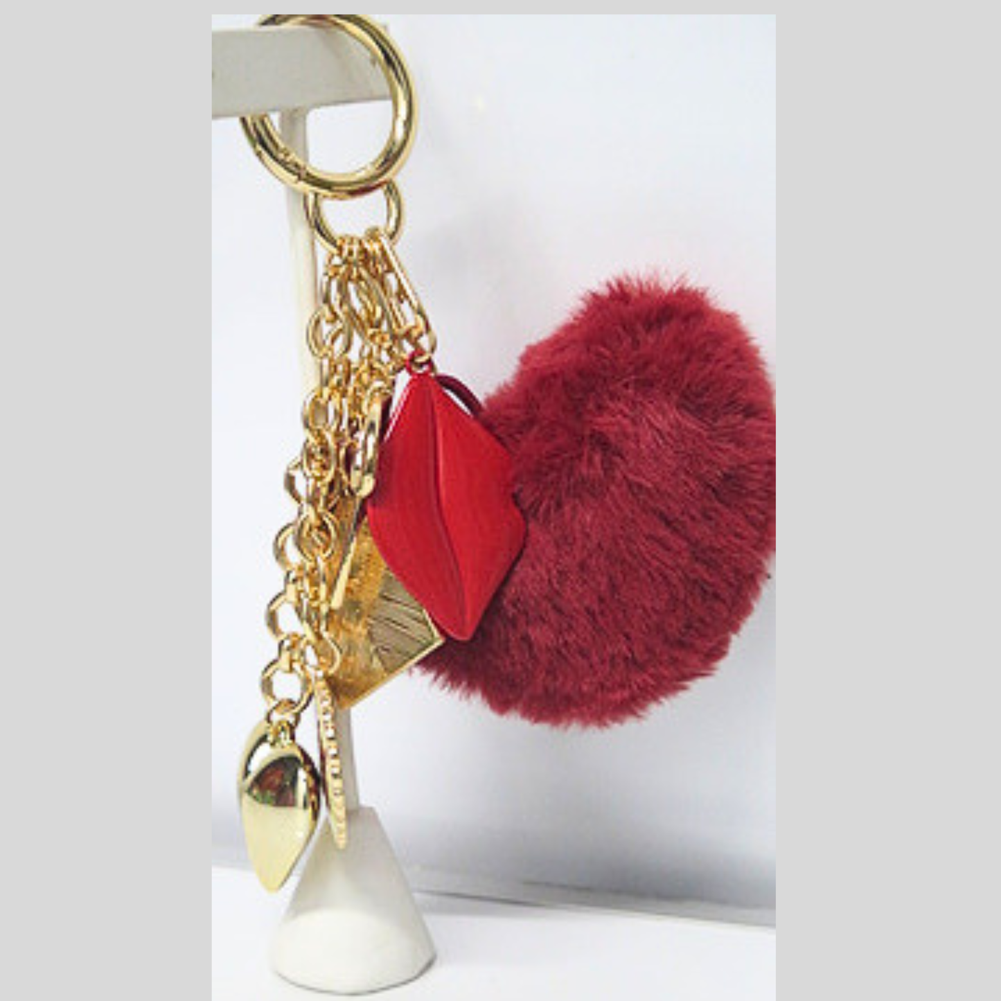 Burgundy Fluffy Heart Bag Charm with Red Lips & Gold Heart Charms, Dark Romance Faux Fur Keychain, Glam Y2K Purse Accessory, Moody Coquette Bag Clip, Gift for Her