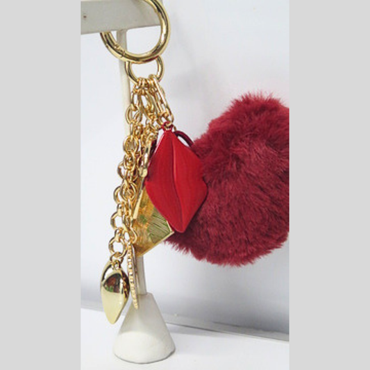 Burgundy Fluffy Heart Bag Charm with Red Lips & Gold Heart Charms, Dark Romance Faux Fur Keychain, Glam Y2K Purse Accessory, Moody Coquette Bag Clip, Gift for Her