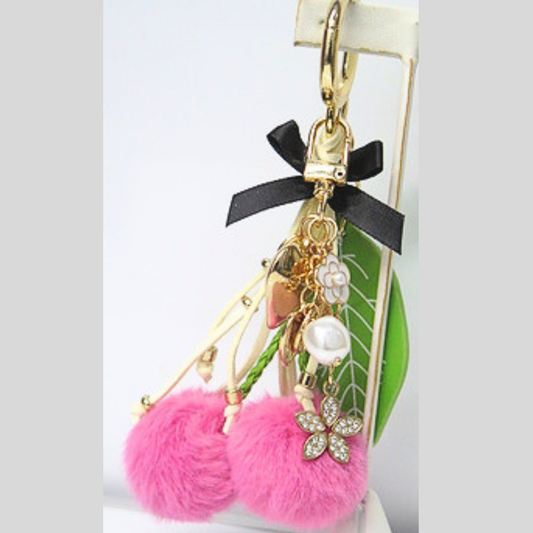 Pink Pom Pom Cherry Bag Charm with Heart, Flower & Pearl Tassel Keychain, Glam Y2K Coquette Purse Accessory, Garden Party Bag Clip, Cute Gift for Her