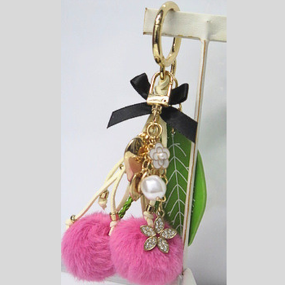 Pink Pom Pom Cherry Bag Charm with Heart, Flower & Pearl Tassel Keychain, Glam Y2K Coquette Purse Accessory, Garden Party Bag Clip, Cute Gift for Her