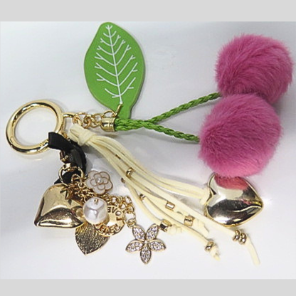 Pink Pom Pom Cherry Bag Charm with Heart, Flower & Pearl Tassel Keychain, Glam Y2K Coquette Purse Accessory, Garden Party Bag Clip, Cute Gift for Her