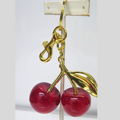 Red Glitter Cherry Bag Charm Keychain, Resin Sparkly Cherry Keychain with Gold Leaf, Cute Y2K Coquette Purse Accessory, Cherry Girl Aesthetic Bag Clip, Gift for Her